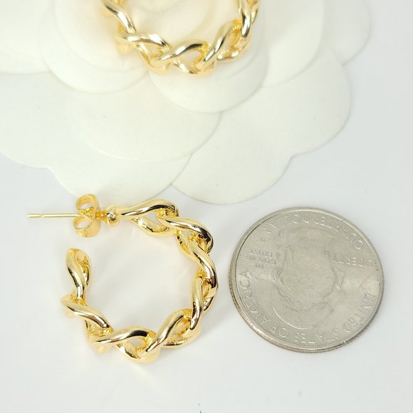 NWT 18K Gold Curb Chain Links Hoop Huggie Earring - Picture 4 of 8